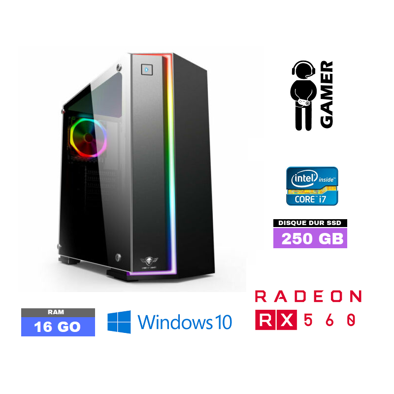 PC GAMER Clone ONE RGB EDITION - Windows 10 - SSD + HDD 500 Go - Core I7 -  Radeon RX560 4go - Ram 16 Go - N°030460 - GRADE B
