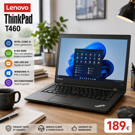 LENOVO T460 - Core I5 - WEBCAM - Windows 11 - SSD 250 GO - Ram 8 Go - N°120508 - GRADE B