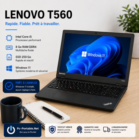 LENOVO T560 - Core I5 - Windows 11 - SSD 250 Go - Ram 8 Go - N°110728 - GRADE B