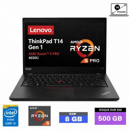 LENOVO T14 G1 AMD RYZEN 5 PRO 4650U - RAM 8Go - SSD 500Go- Windows 11 - N°260804001- GRADE B